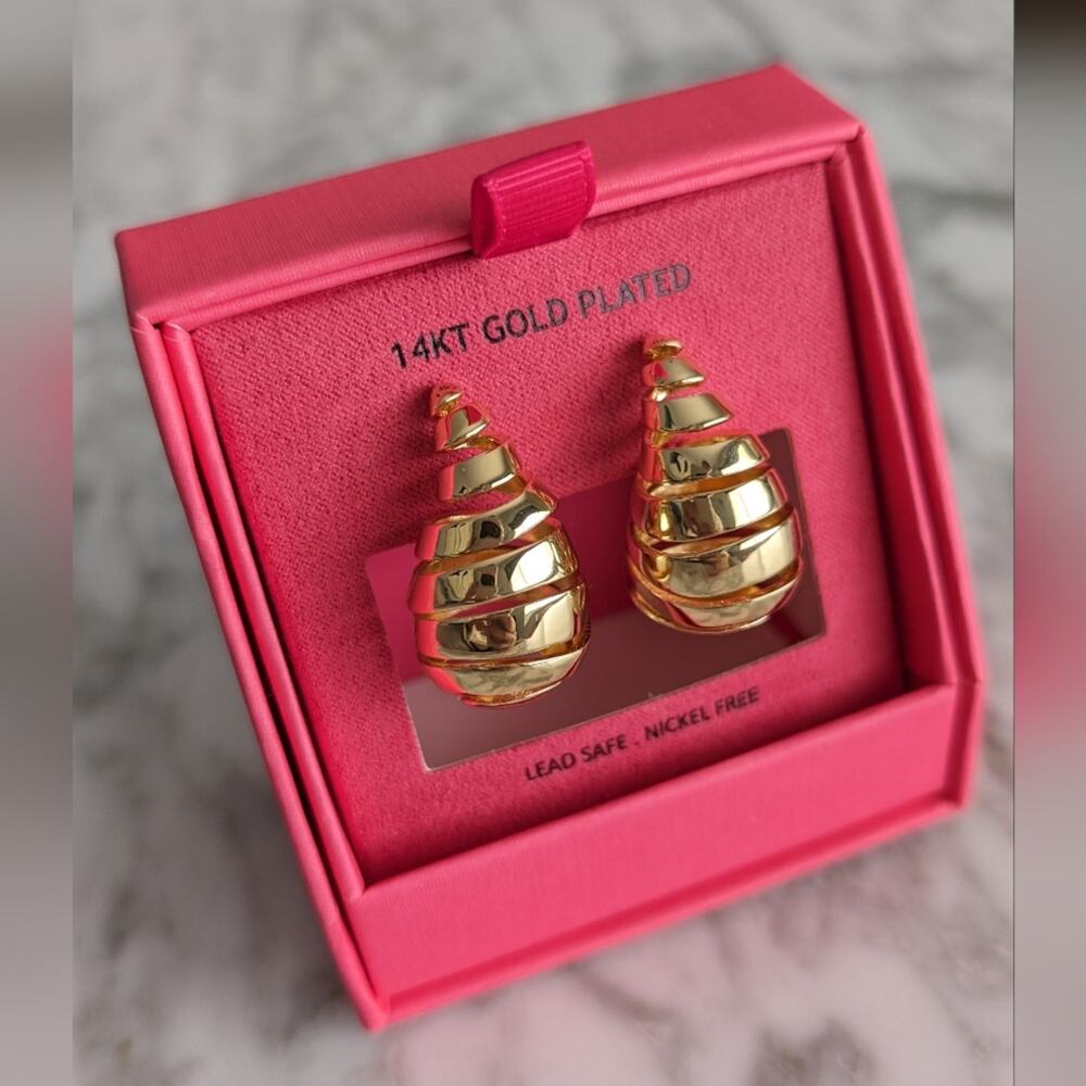 New Box House Of Harlow 14KT Gold Plated Twist Spiral Water Drop Stud Earrings